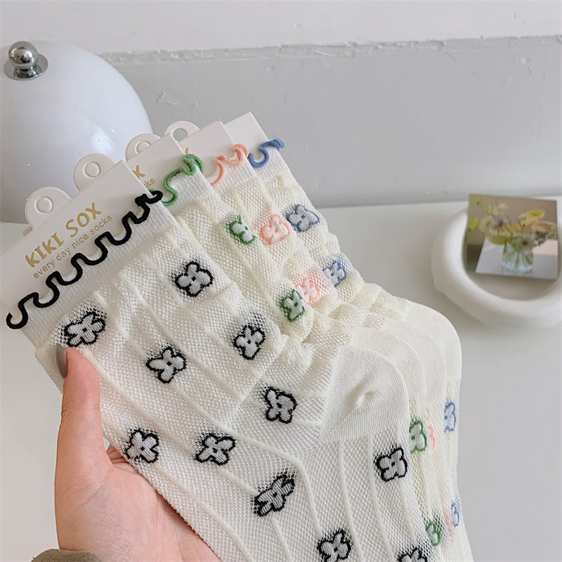 Mesh Stockings Children's College Style Wooden Ear Vertical Stripes Small Flower Tube Socks