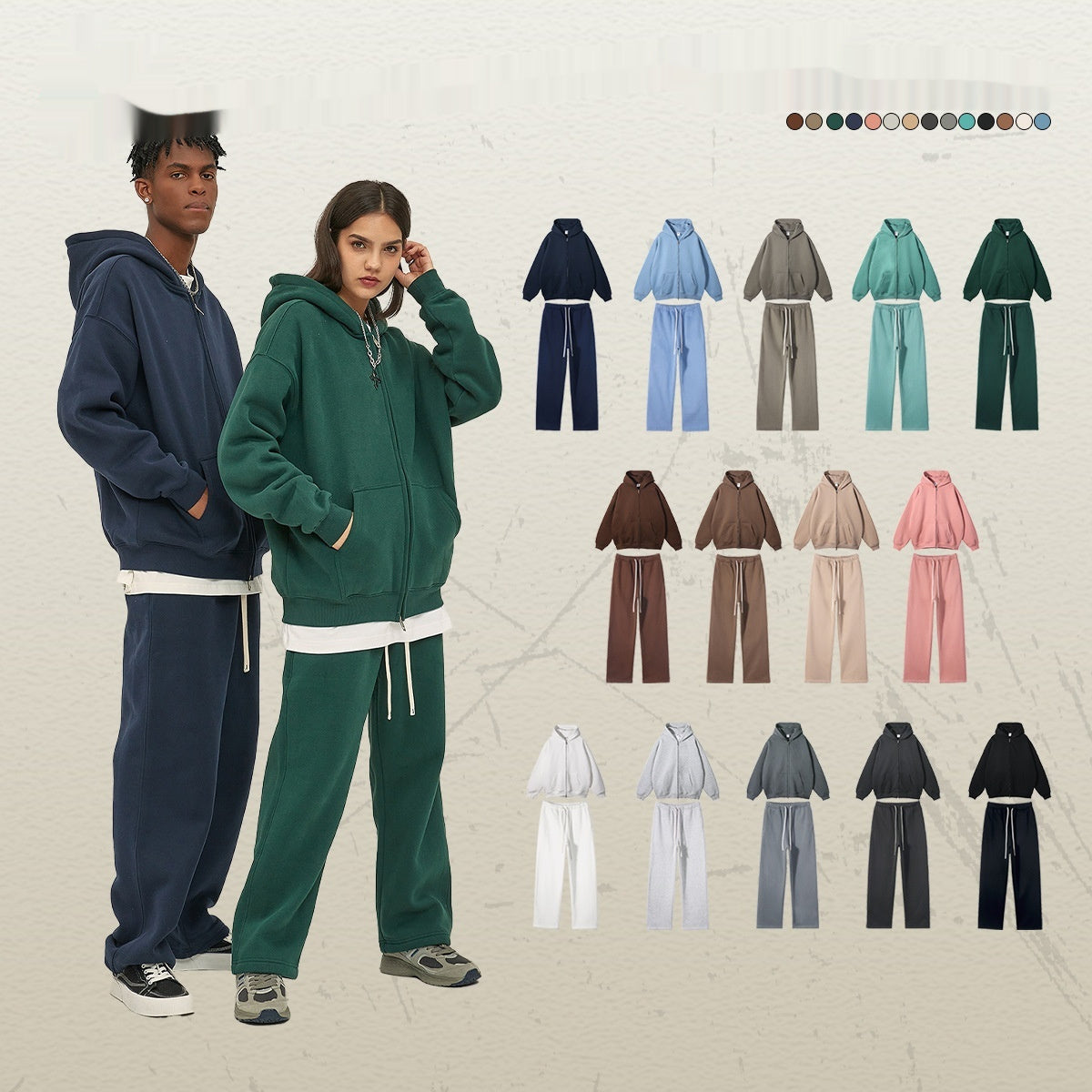 Fleece-lined Thickened American Zipper Men's Sweater And Pants