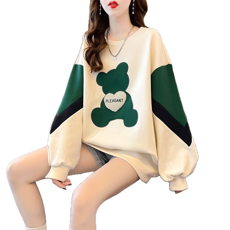 Women's Loose-Fit Patchwork Embroidered Little Bear Hoodie Top