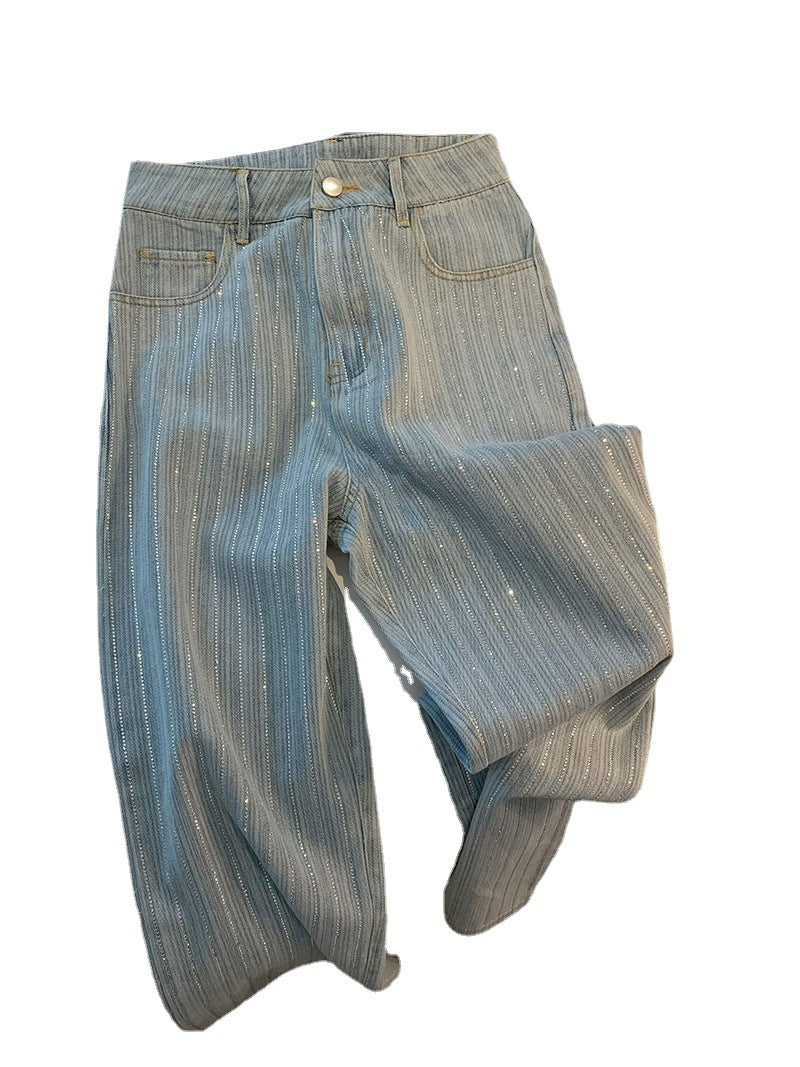 Light Blue Classic Style Rhinestone Straight Jeans