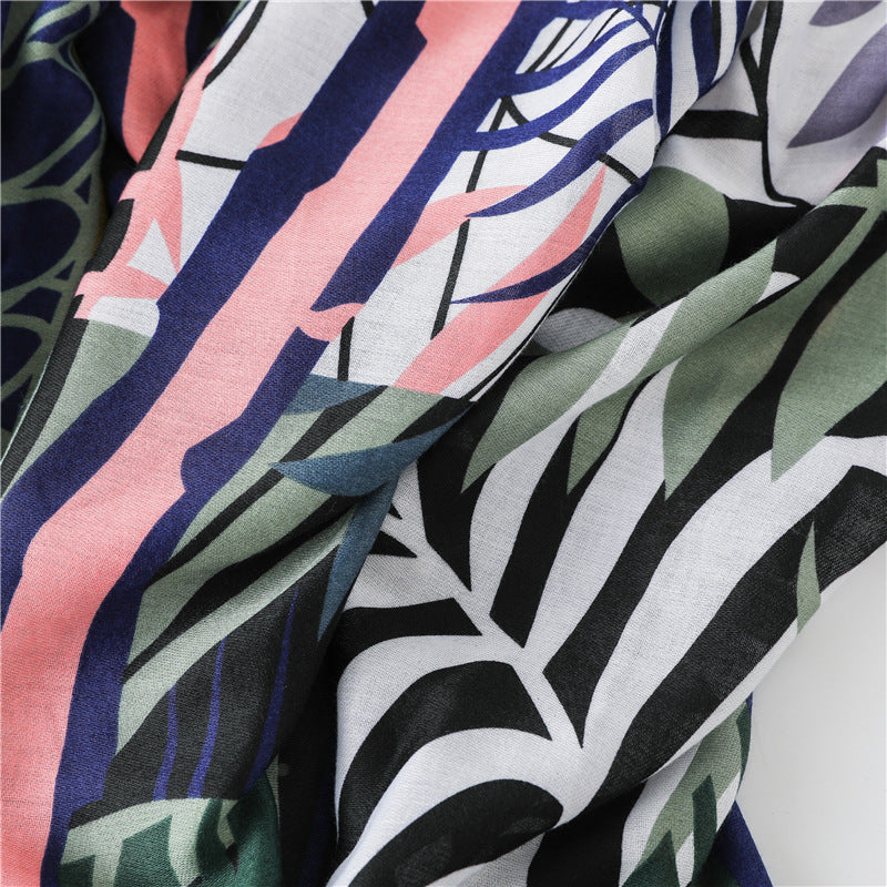 Leaf Painted Cotton And Linen Scarf Dual-use Sunscreen