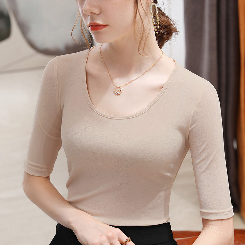 Elegant Langærmet Mesh T-shirt til Kvinder Ensfarvet Taljestretch Top