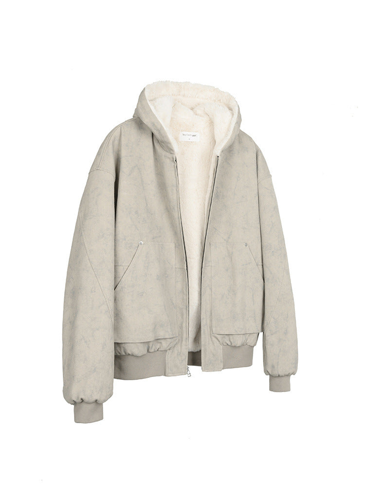 Artificial Mink Hair Marble Mountain Carving Hooded Cotton Jacket
