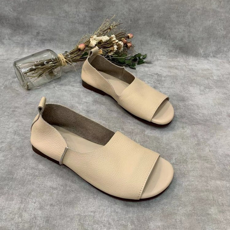 Retro Handmade Soft Leather Open-toe Fish-mouth Shoes With A Soft Sole