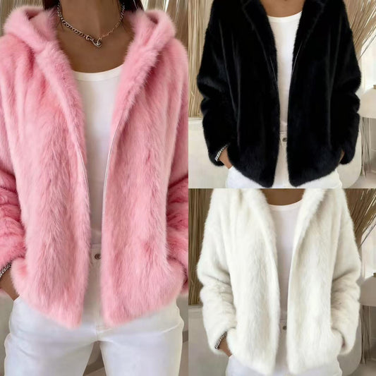 Fall Winter Hooded Solid Color Fashion Casual Zip Coat