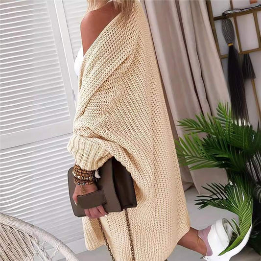 Front Cardigan Foldet Flagermusærme Cardigan Oversized Strikket Sweaterjakke
