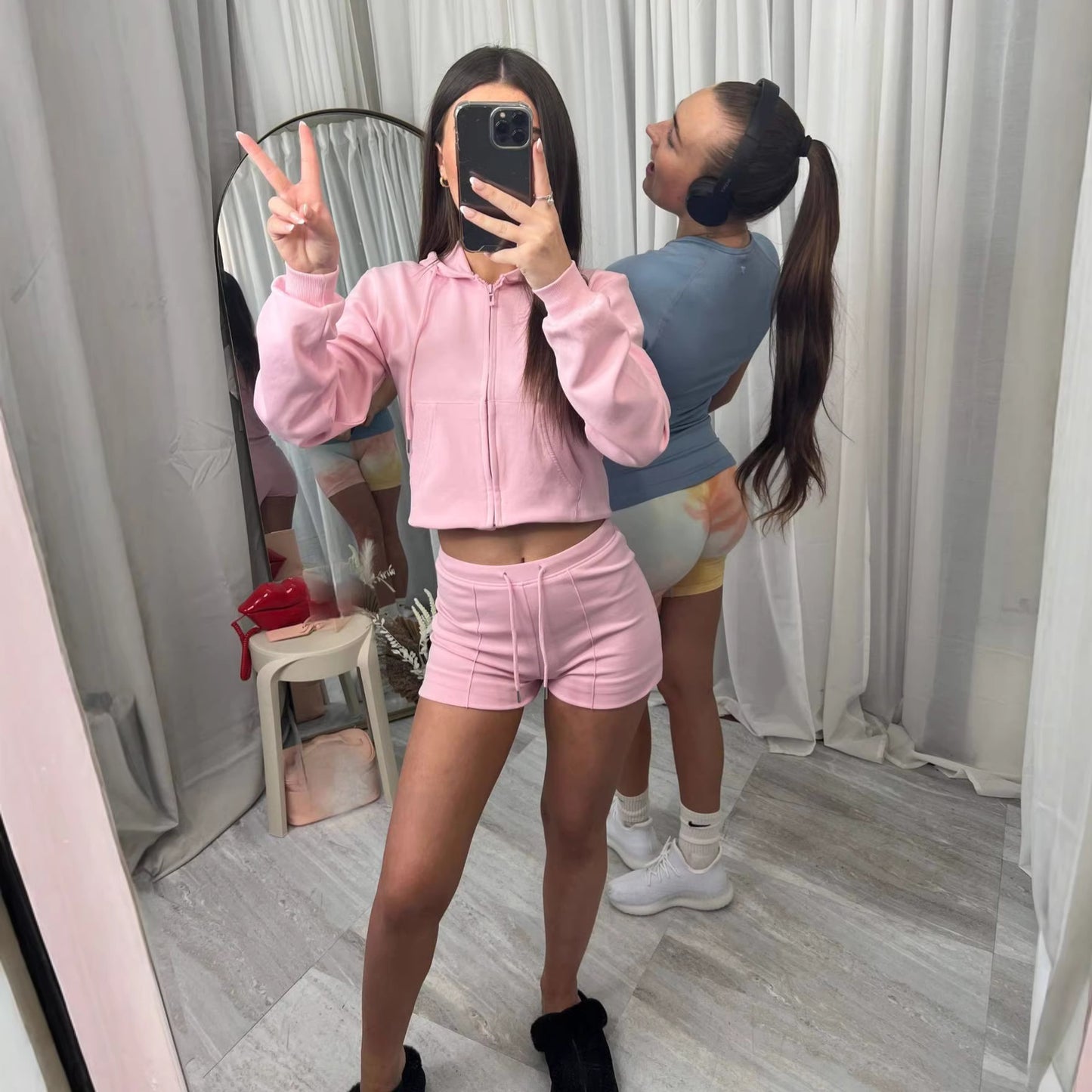 Dame Hættetrøje Oversized Sweatshirt Med Lommer Og Shorts Todelt Sæt