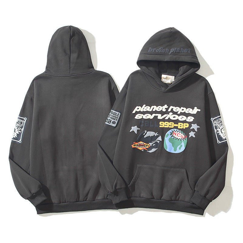 Maychao High Street Broken Planet Puff Print High Street Men's And Women's Loose Casual Hooded Sweater