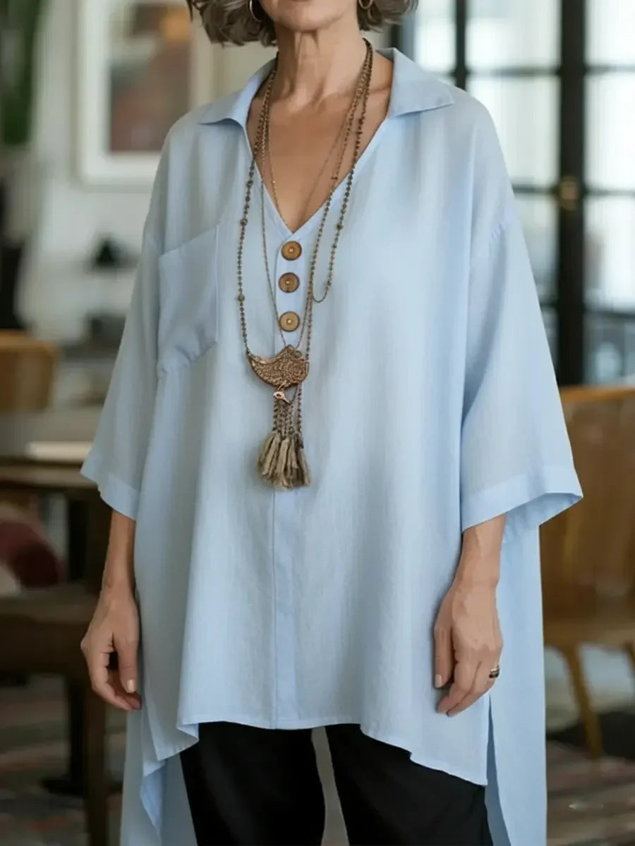 Loose-fit Cotton-linen Top With Buttons For Women