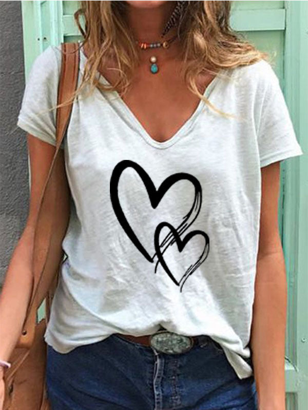 V-neck Loose Casual Heart Printing T-shirt