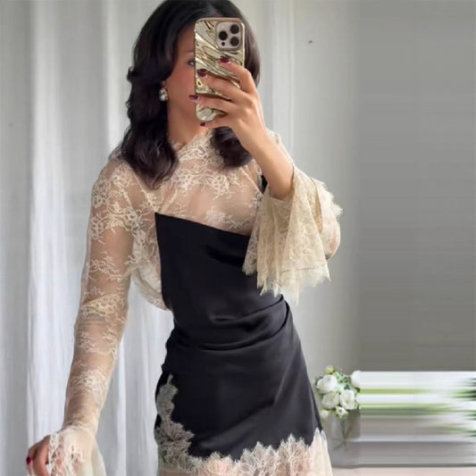 Sexy Long-Sleeve Lace-Patchwork Satin Mini Dress