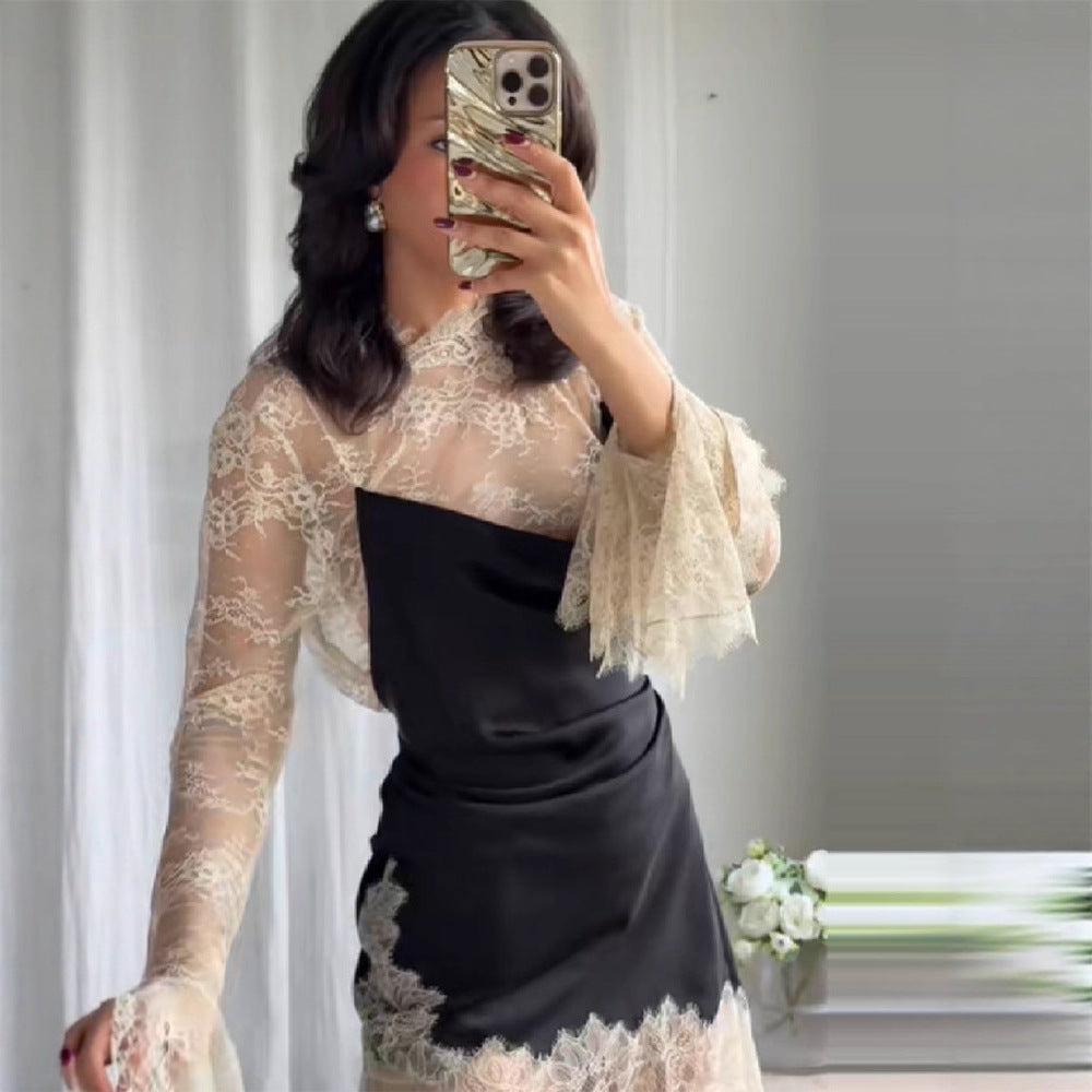 Sexy Long-Sleeve Lace-Patchwork Satin Mini Dress