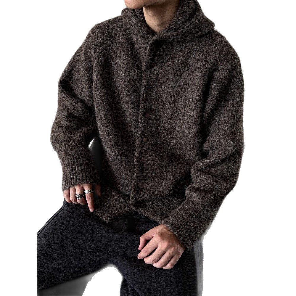 Autumn Winter Mens Japanese-Style Retro Hooded Button-Up Cardigan Sweater