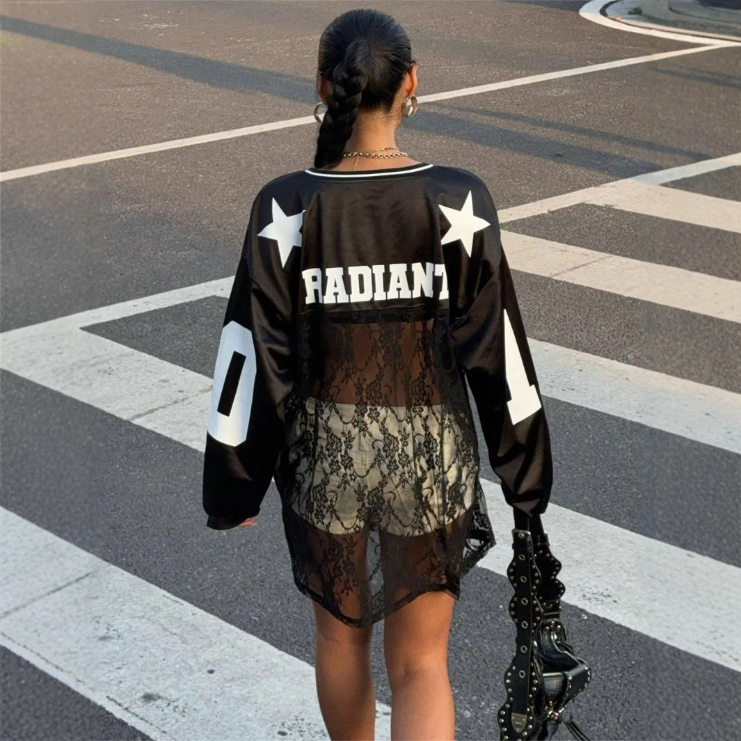 Løs V-hals sweatshirt til kvinder med tryk og gennemsigtig blonde