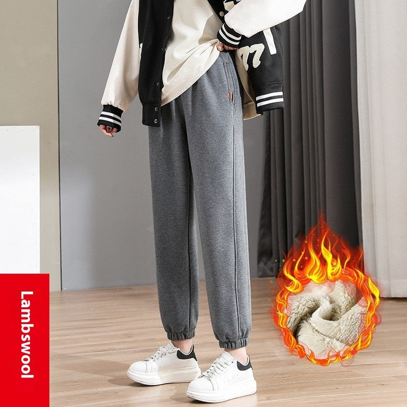 Winter New Fleece-lined Thickened High Waist Ankle-tied Harem Pants