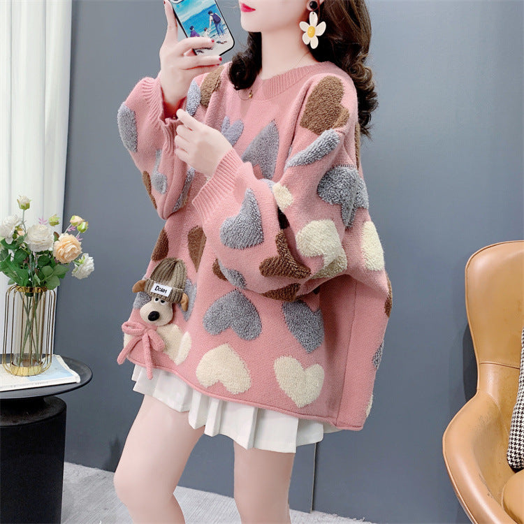 Gentle Younger Sweet Tridimensional Puppy Round Neck Sweater Women's Autumn And Winter New Loose Heart Knitted Top
