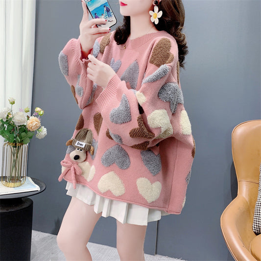 Gentle Younger Sweet Tridimensional Puppy Round Neck Sweater Women's Autumn And Winter New Loose Heart Knitted Top