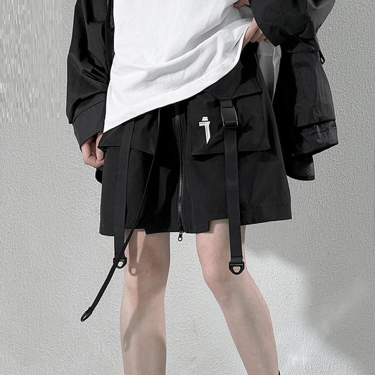 Summer New Mechanical Style Ribbon Short Pantskirt Men And Women Loose Casual With Big Pockets