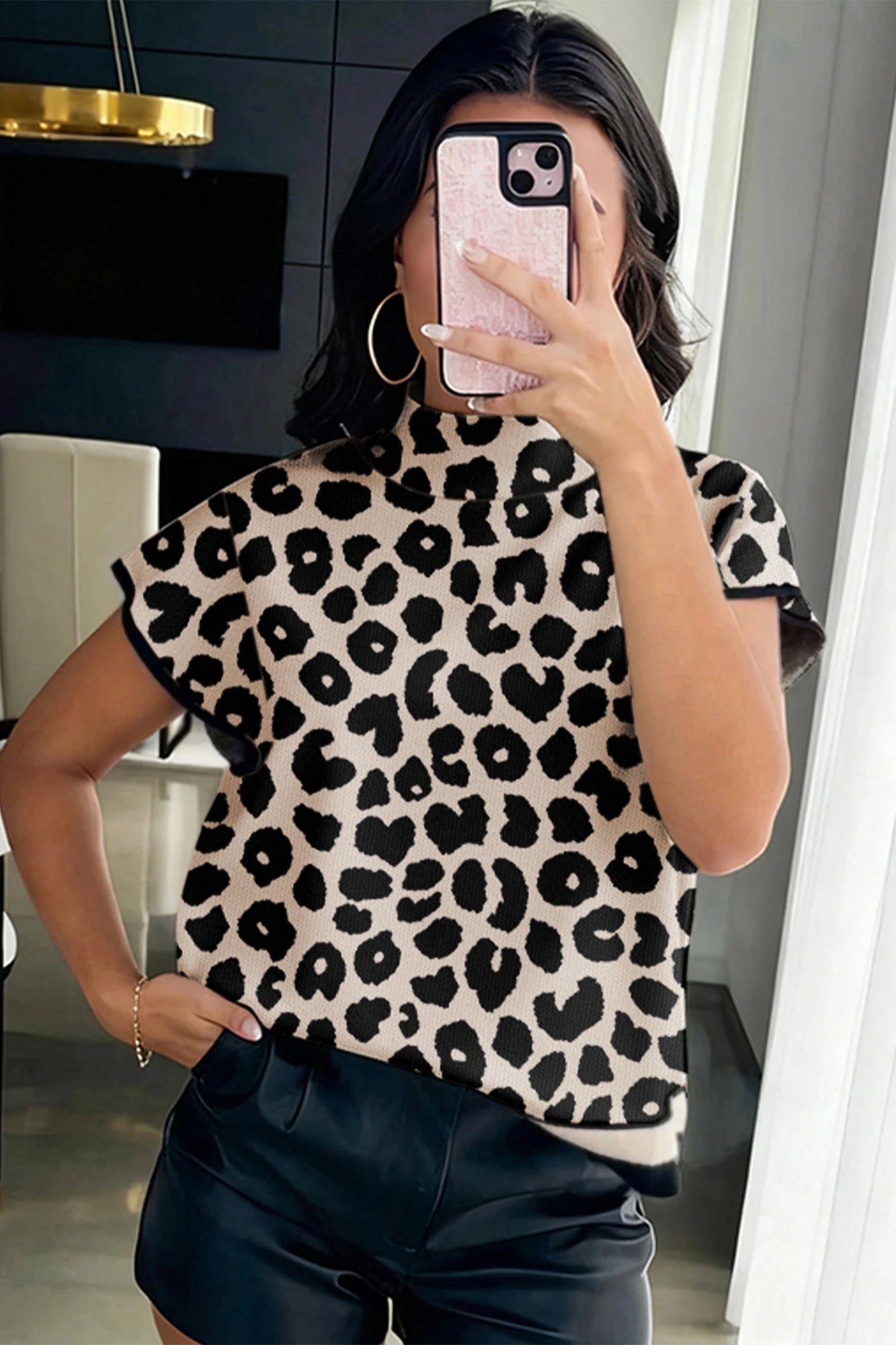 Women's Black Leopard-Print Turtleneck Short-Sleeve Sweater