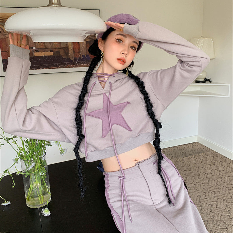 Retro Niche Fempunktsstjerne Hættetrøje Kort Lilla Sweater Dame