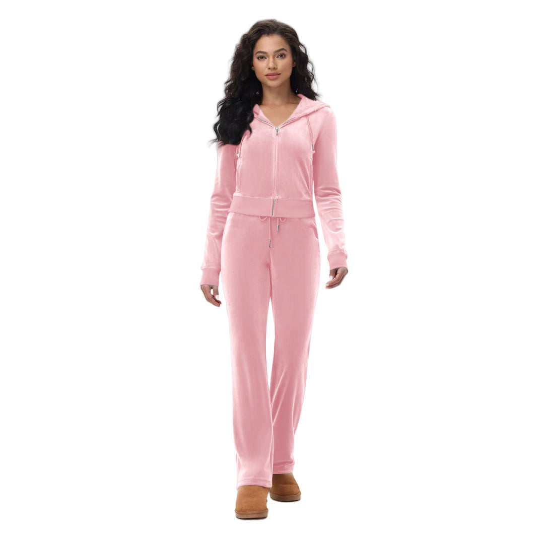 Stylish Silver Fox Fleece Hooded Cardigan Two-Piece Set