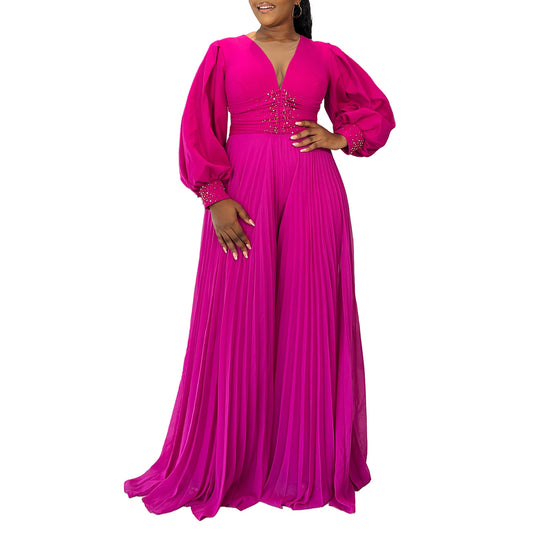Women's Wide-leg Pleated African Jumpsuit Slightly Elastic
