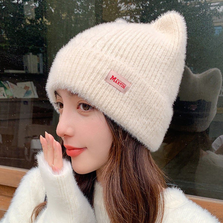 Winter Mink Cat Ears Plush Girl's Cap Warm Ear Protection Knitted Hat