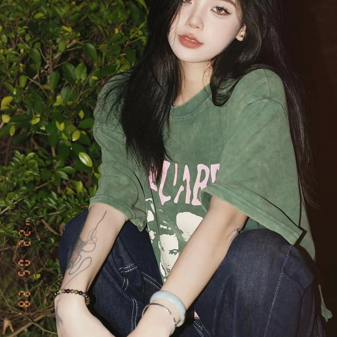 Women's Vintage Washed Old Green Cotton Short Sleeves