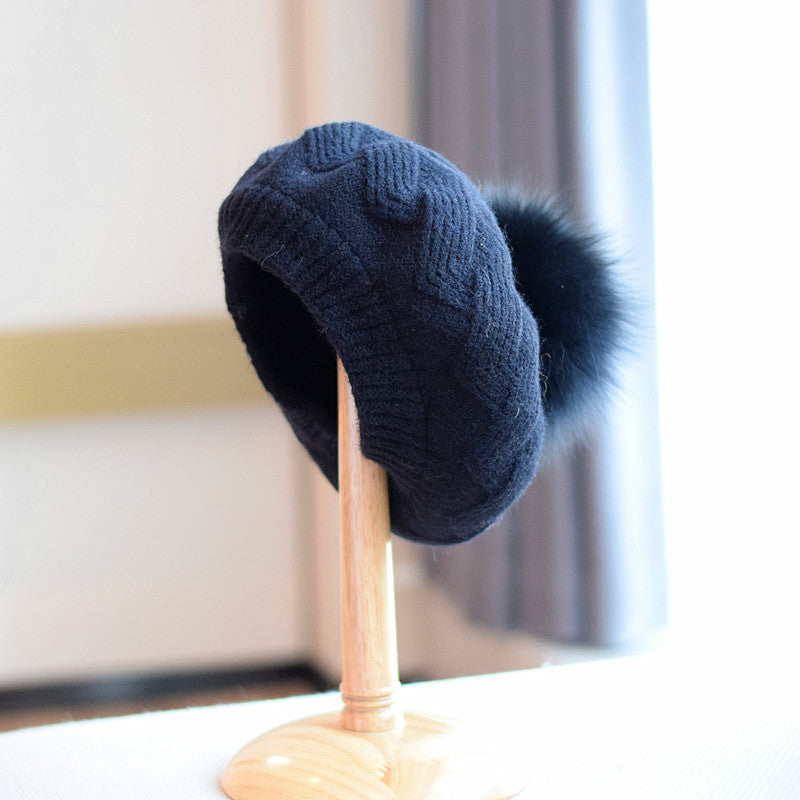 Female Autumn And Winter Knitting Fox Fur Ball Hat