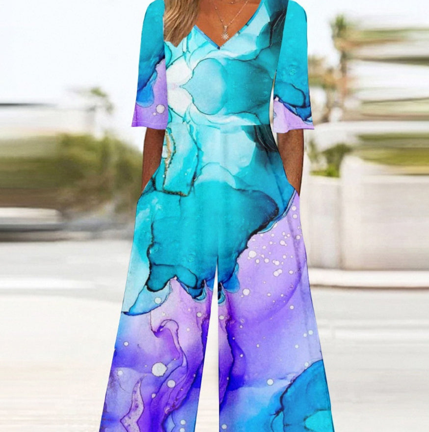 Summer Elegant V-Neck Jumpsuit With Three-Quarter Sleeves And Wide Legs