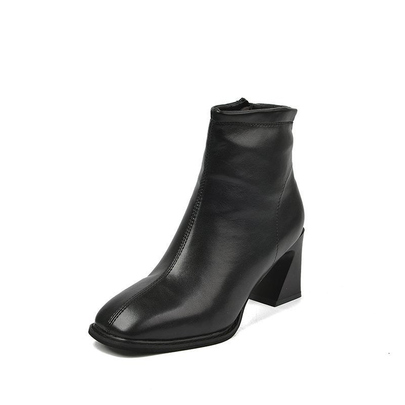 Square Toe High-heeled Women's Boots Plus Velvet Nude Short