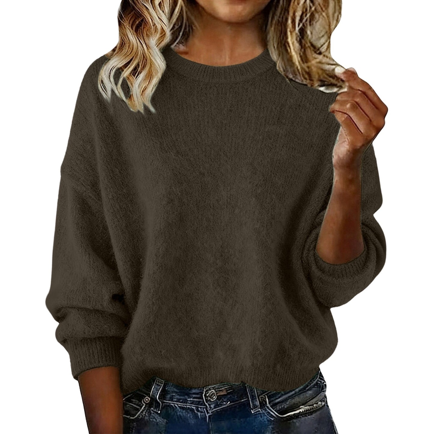 Fashionable Crew-neck Solid-color Sweater