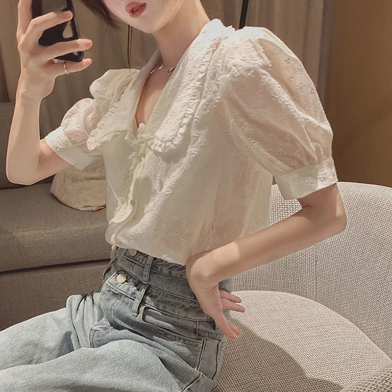 Doll Collar Purple Shirt Bubble Short Sleeves