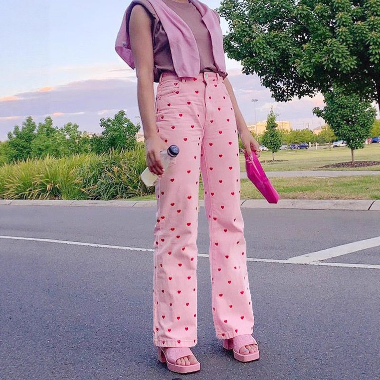 European And American Denim Pink Heart Wide-Leg Pants