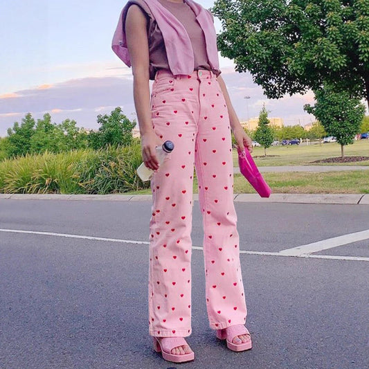European And American Denim Pink Heart Wide-Leg Pants