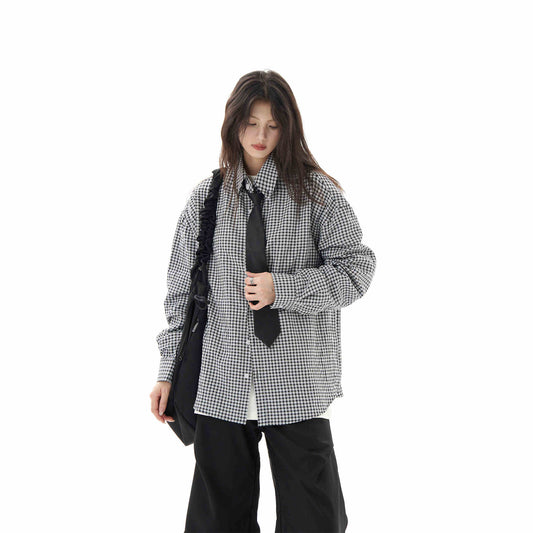 Black Plaid Shirt Long Sleeve Women Casual Loose Shirt Coat