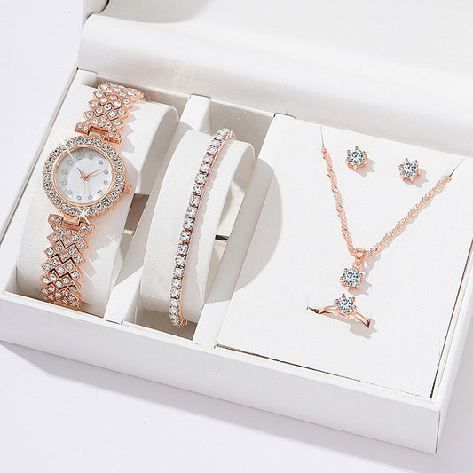 Diamond Bracelet Necklace Stud Ring Watch Jewelry Set 5pcsset
