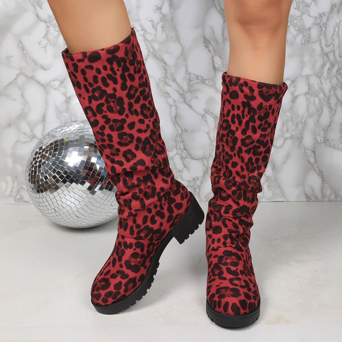 Leopard-print Suede Block-heeled Versatile Pleated Booties