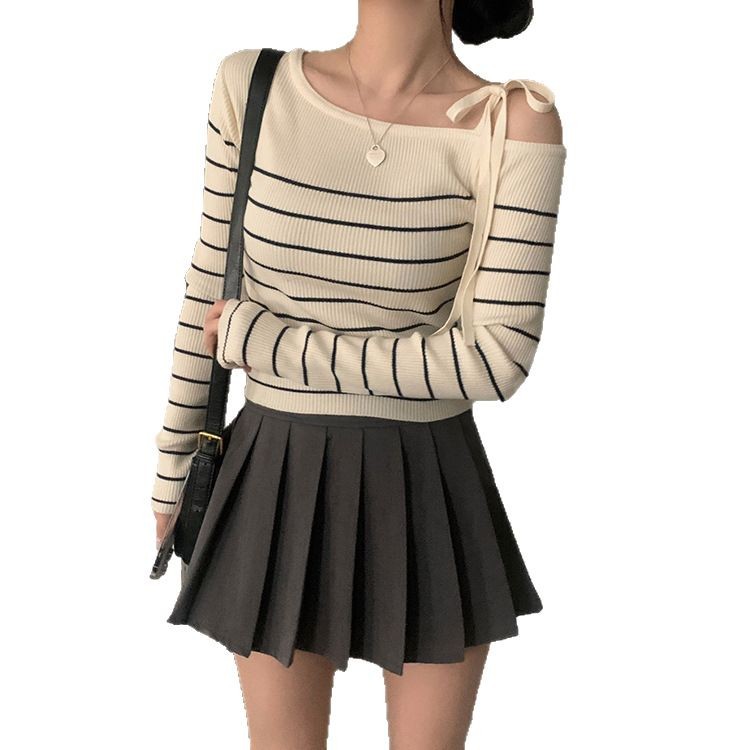Casual Diagonal Collar Off-the-shoulder Strap Striped Color Matching Sweater Top