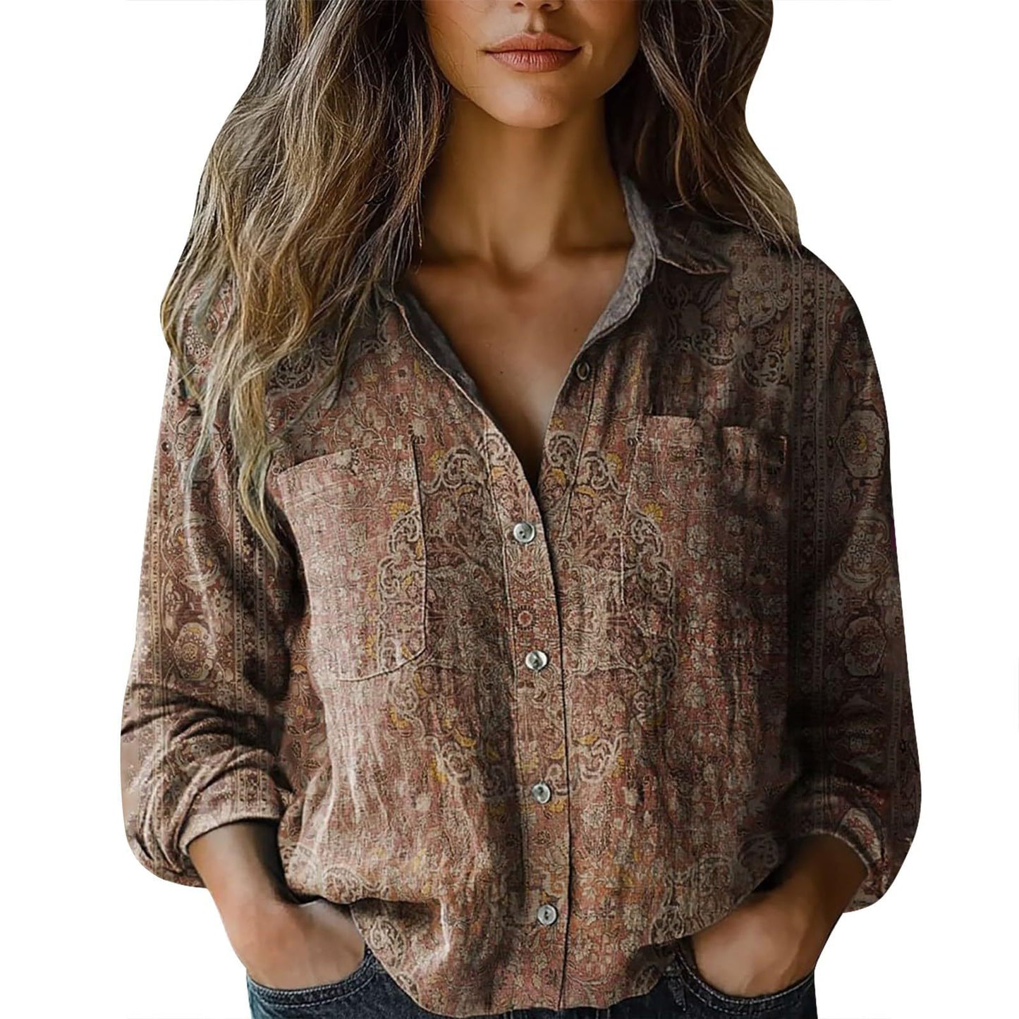 Womens V-neck Printed Blouseshirt