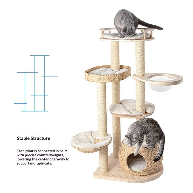 Solid Wood Cat Tree With Integrated Scratching Post And Cozy Nest