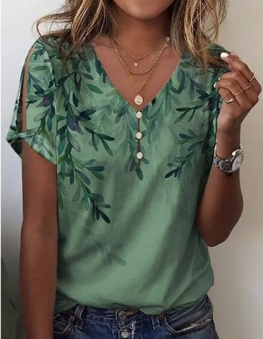 Women's Printed Comfort And Casual V-neck Buttons Short Sleeve