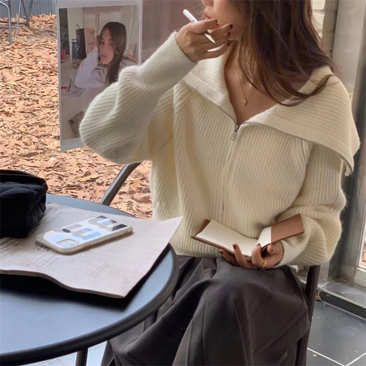 Korean Style Idle Style Large Lapel Knitted Cardigan Zipper Coat