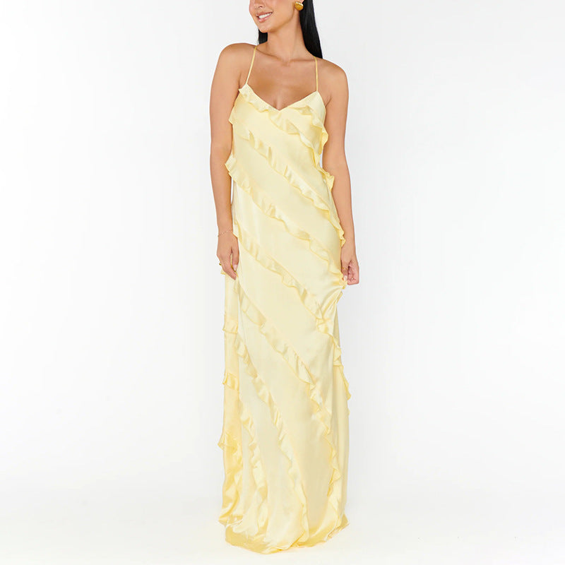 Womens Patchwork Ruffle-Trimmed Resort-Style Slip Dress