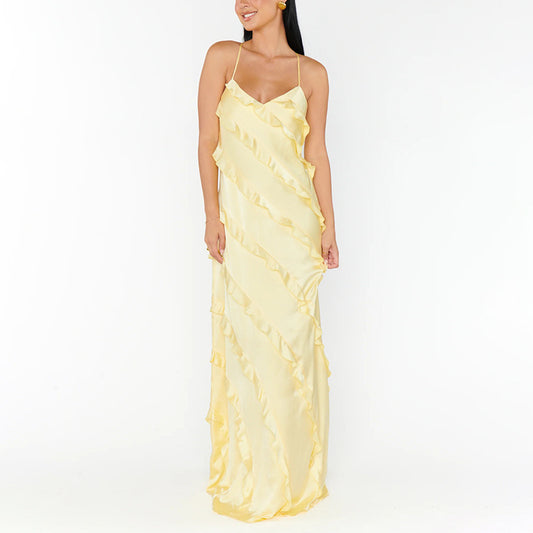 Womens Patchwork Ruffle-Trimmed Resort-Style Slip Dress
