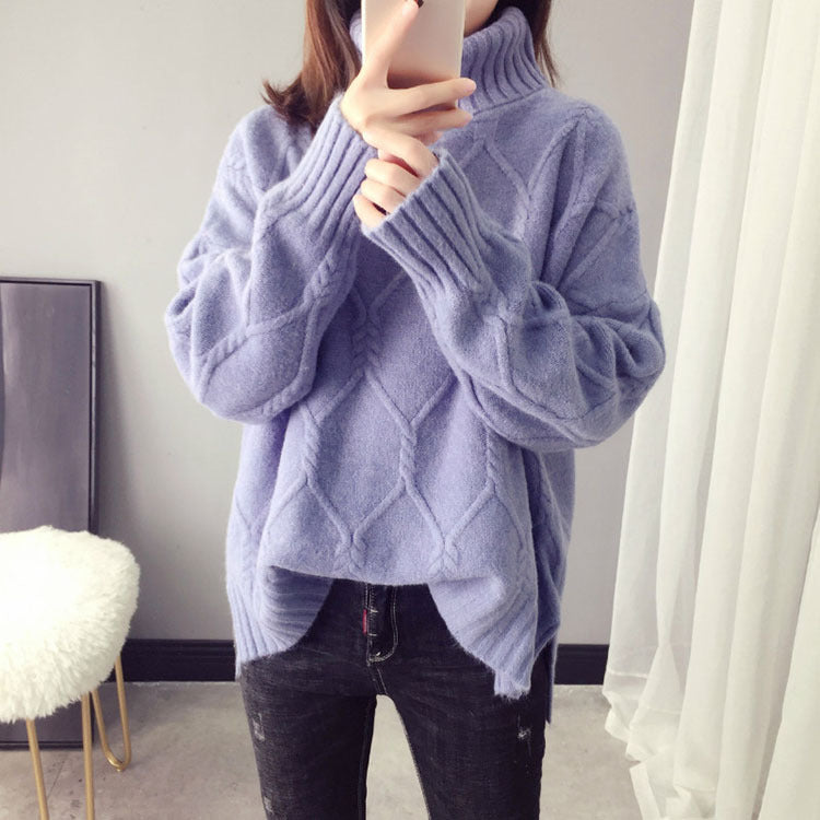 Cable-knit Sweater Women's Lapel Long Sleeve Diamond Lattice
