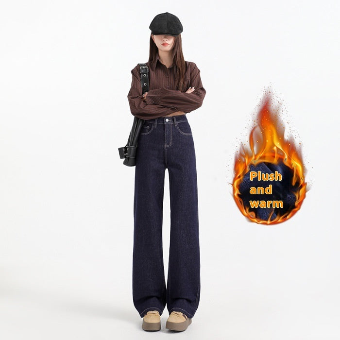 Fleece-lined Thickened Straight Jeans For Women