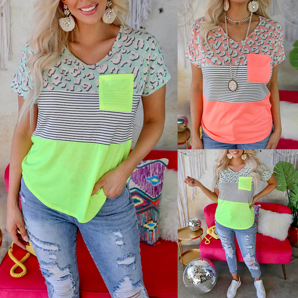 European And American Striped Print Short-sleeved Round Neck Pocket Stitching Casual T-shirt