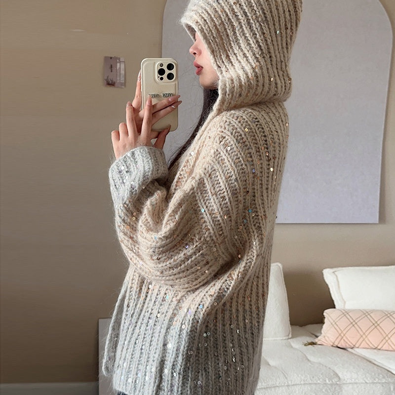 New FallWinter Womens Designer Gradient Sequin Hooded Jacket