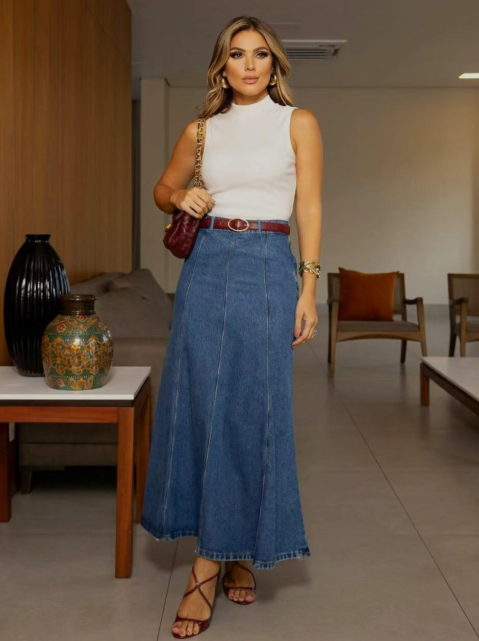 Women's Low-stretch High-waisted Denim Skirt